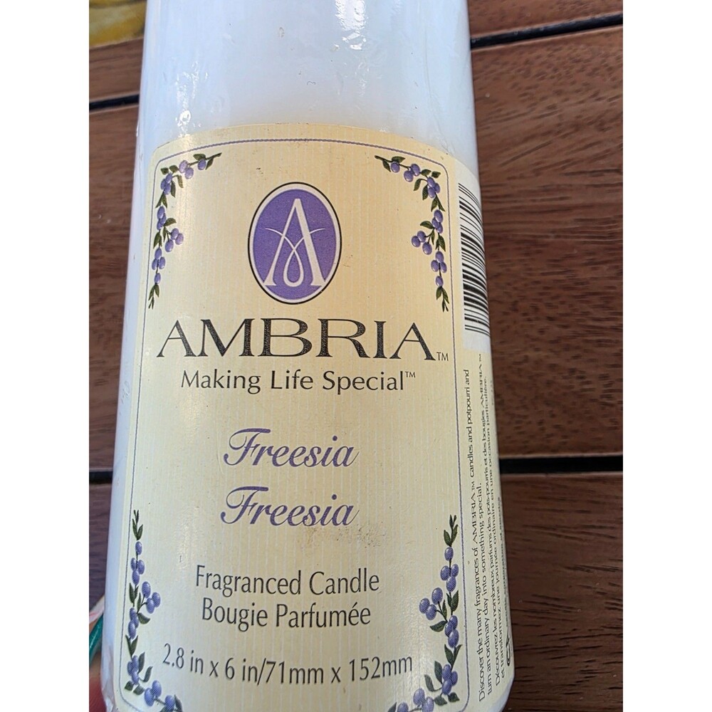 Ambria Pillar Candle Freesia Scent New in Wrap 6" x  2.8"